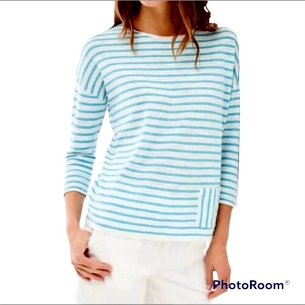 J. Jill Blue White Striped Linen Blend 3/4 Sleeve Top LP Casual Nautical Preppy